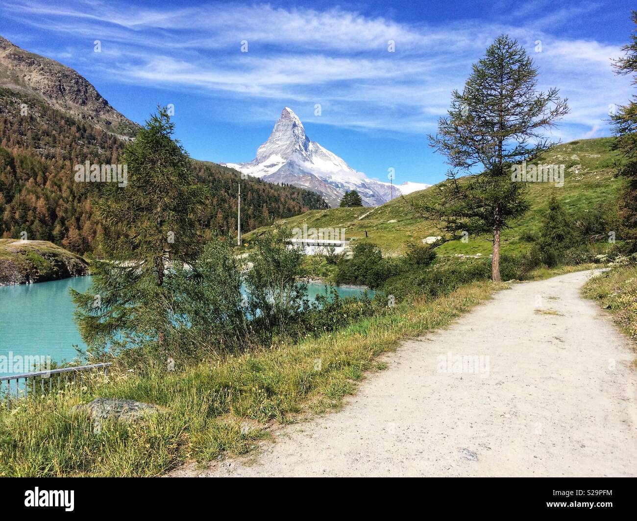 Moosjiesee lake. Five lakes trail in Rothorn Paradise: one of top five lakes destination around matterhorn Peak in Zermatt, Switzerland, Europe - Smartphone Captured Stock Image