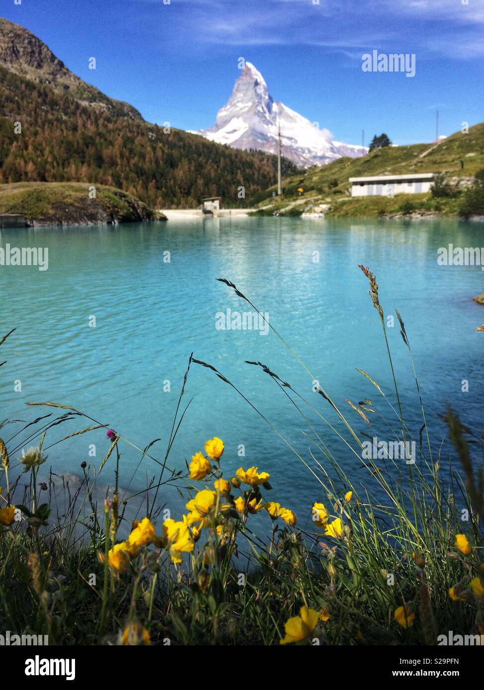 Moosjiesee lake. Five lakes trail in Rothorn Paradise: one of top five lakes destination around matterhorn Peak in Zermatt, Switzerland, Europe - Smartphone Captured Stock Image