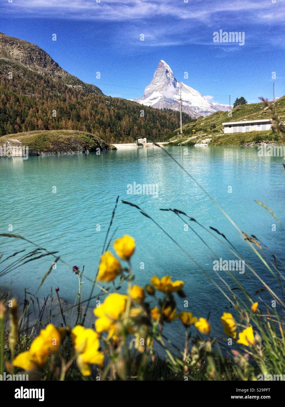 Moosjiesee lake. Five lakes trail in Rothorn Paradise: one of top five lakes destination around matterhorn Peak in Zermatt, Switzerland, Europe - Smartphone Captured Stock Image