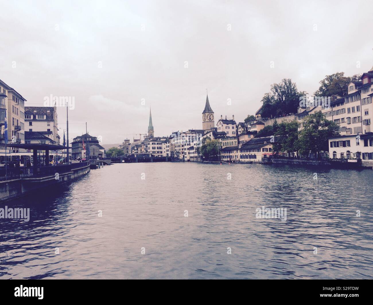 View down the Limmat River in Zurich Switzerland Stock Photo