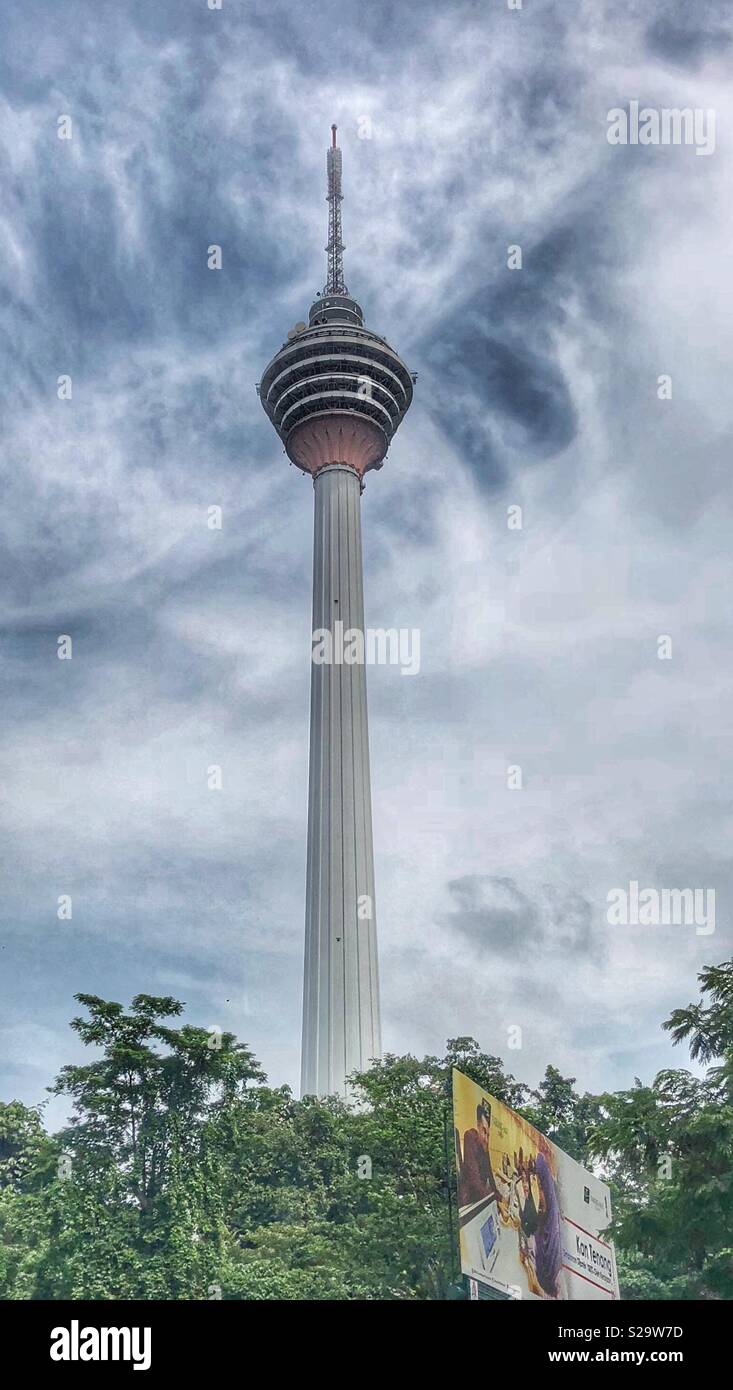 Low angle view of KL Tower in Kuala Lumpur, Malaysia. - Smartphone Captured Stock Image