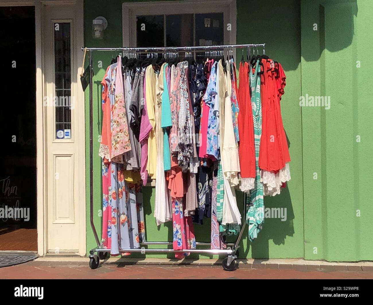 Clothes on rack outside boutique in Blue Ridge, GA Stock Photo Alamy