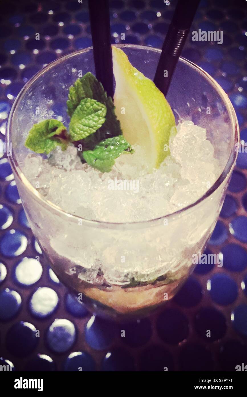 Glass of gin and tonic with lemon and mint - Smartphone Captured Stock Image