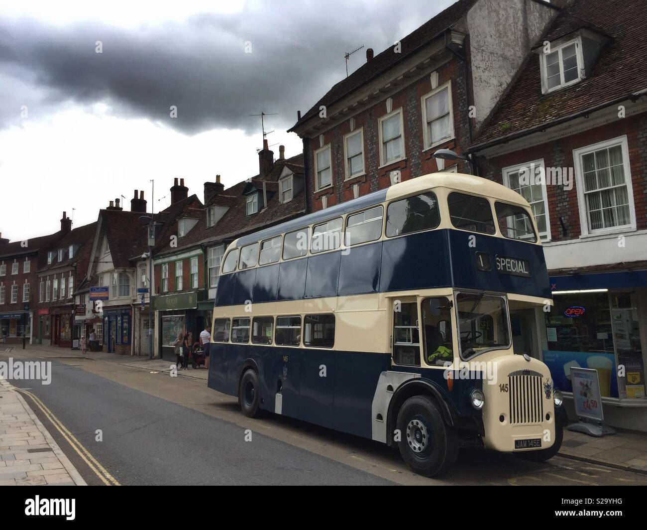 A vintage double-decker Route Master bus is seen in Blandford Forum in Dorset. Stock Photo