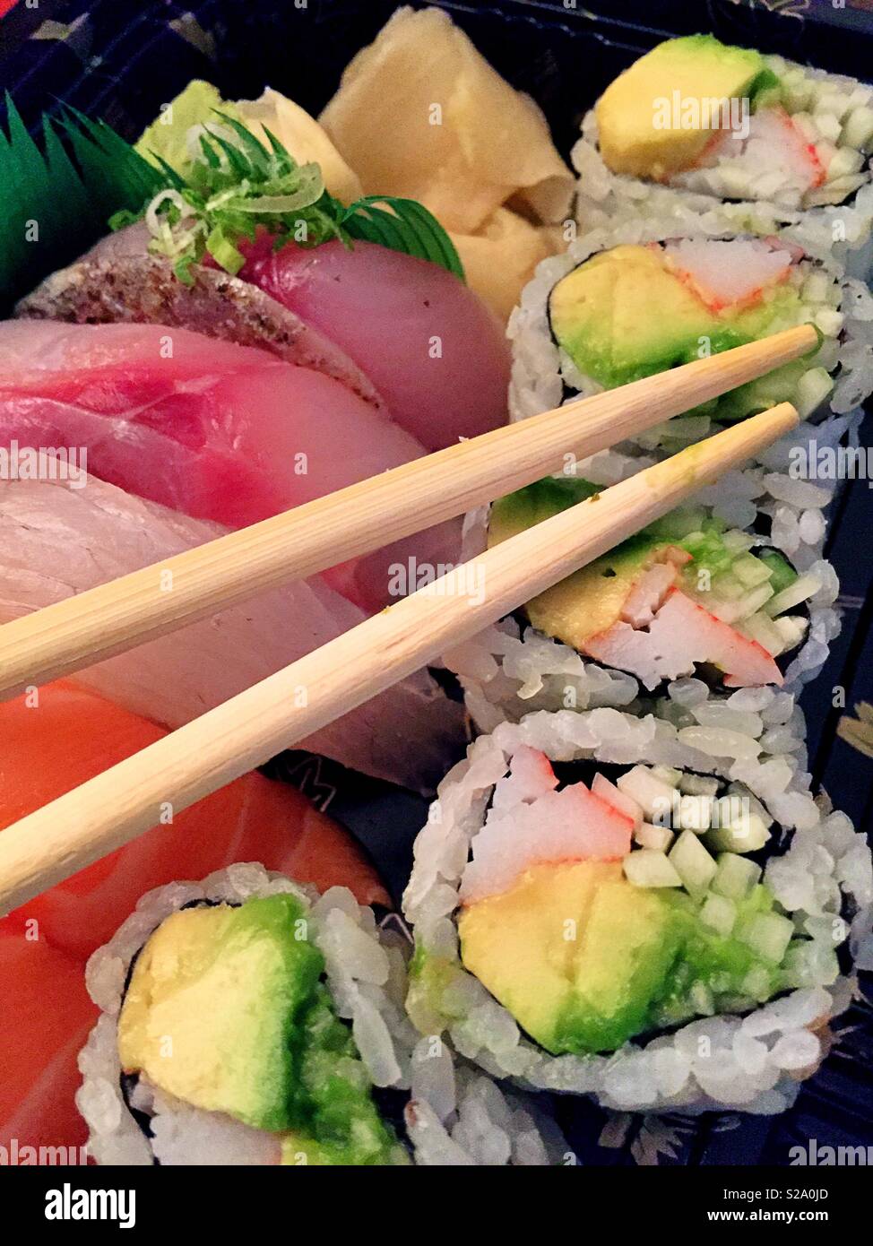 Sushi and chopsticks close up - Smartphone Captured Stock Image