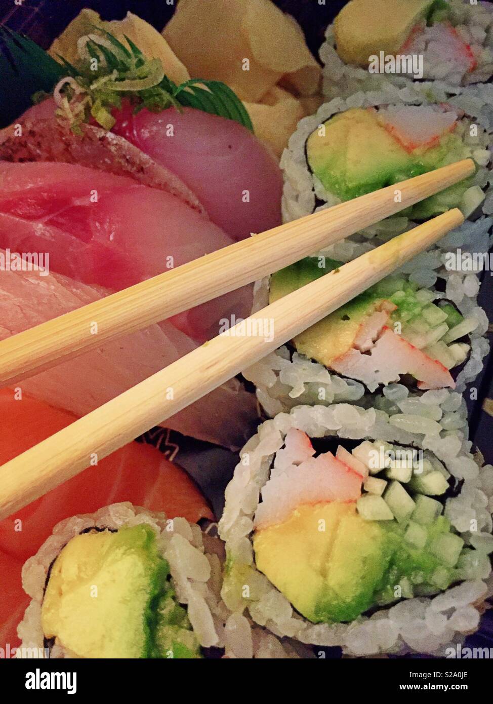 Sushi and chopsticks close up - Smartphone Captured Stock Image