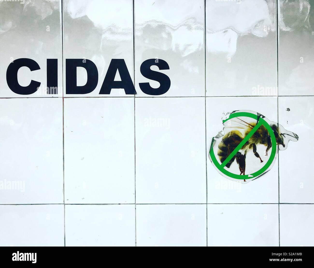 An advertising for killing honey bees pesticides in a poisons shop in Mexico City, Mexico. Cidas means “killers” or “deaths”. Stock Photo
