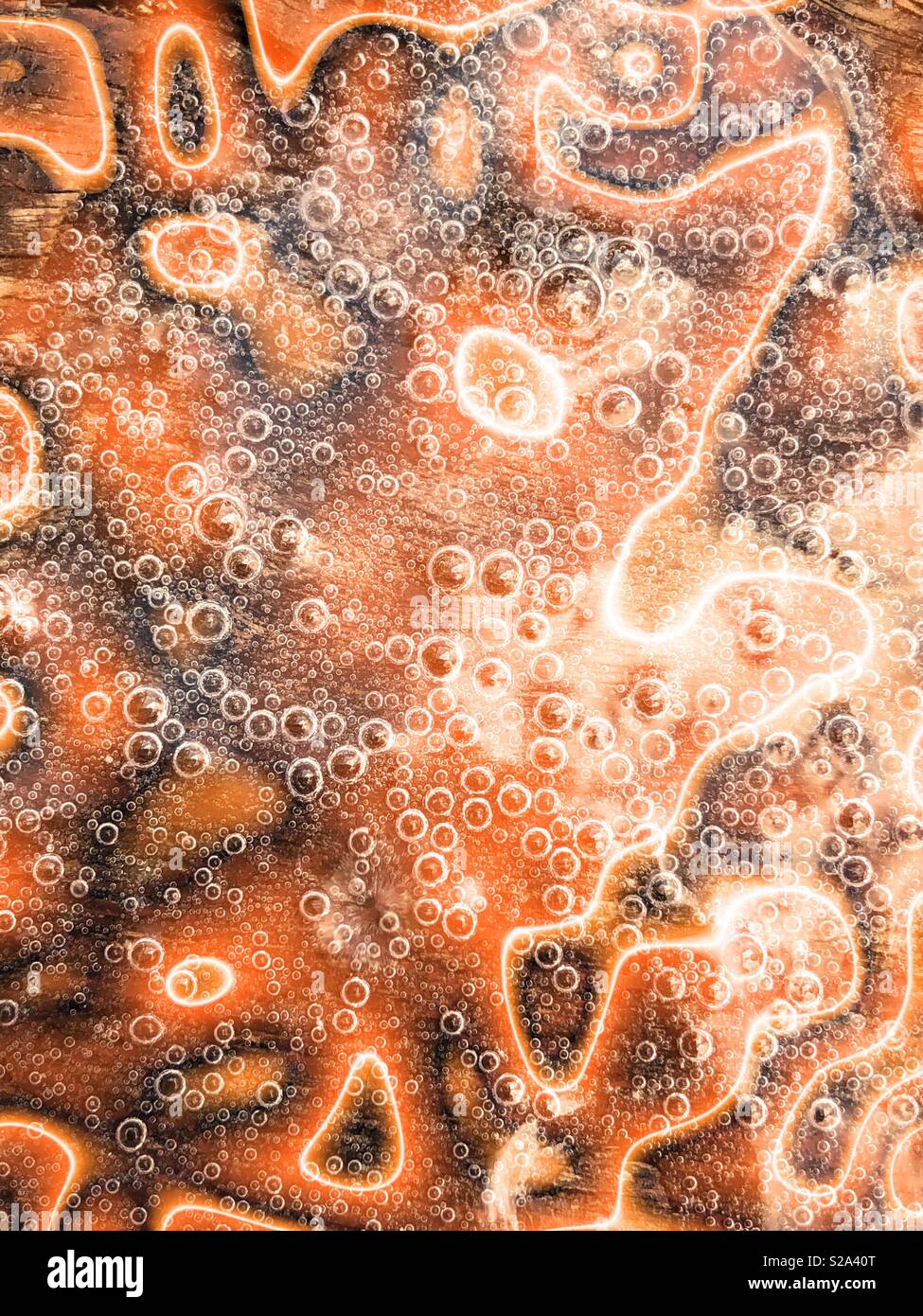 Abstract light lines through bubbles of prosecco on a wooden table - Smartphone Captured Stock Image