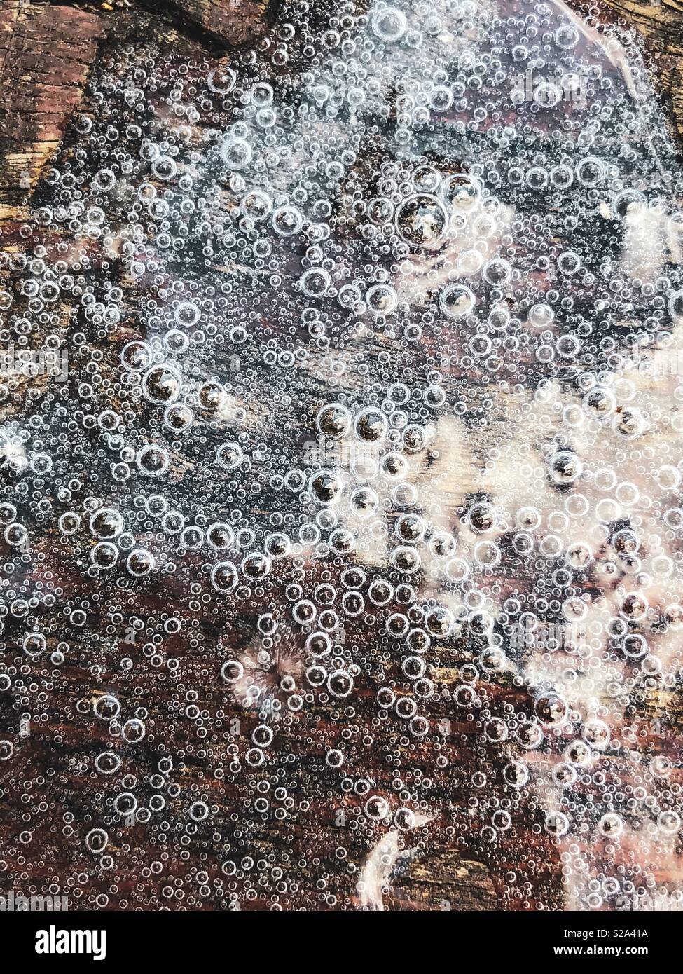 Celebratory prosecco champagne bubbles spilt on wooden table - Smartphone Captured Stock Image