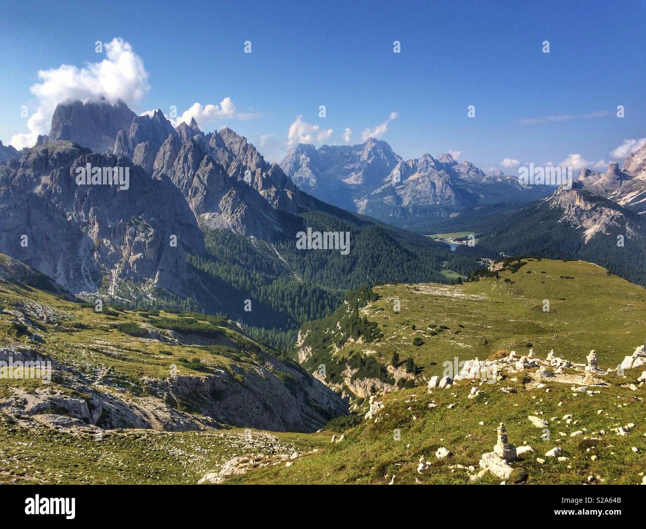 View from Auronzo hut on Mount Sorapis, Misurina Cadini Group, Misurina Lake and Antorno Lake. Dolomites, Italy. - Smartphone Captured Stock Image