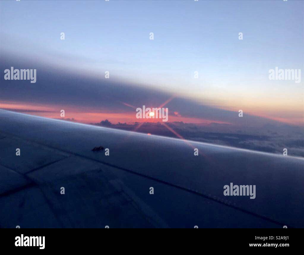 Sunset on EasyJet flight from Bristol to Newcastle in August - Smartphone Captured Stock Image