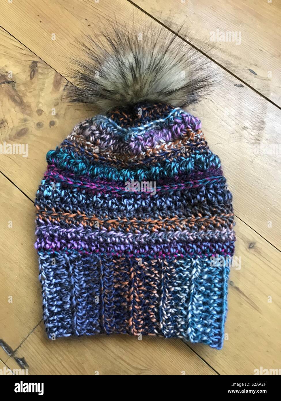 Crochet, crochet hat, Pom Pom, wool, winter, hat, bobble hat, crocheting, crocheted Stock Photo