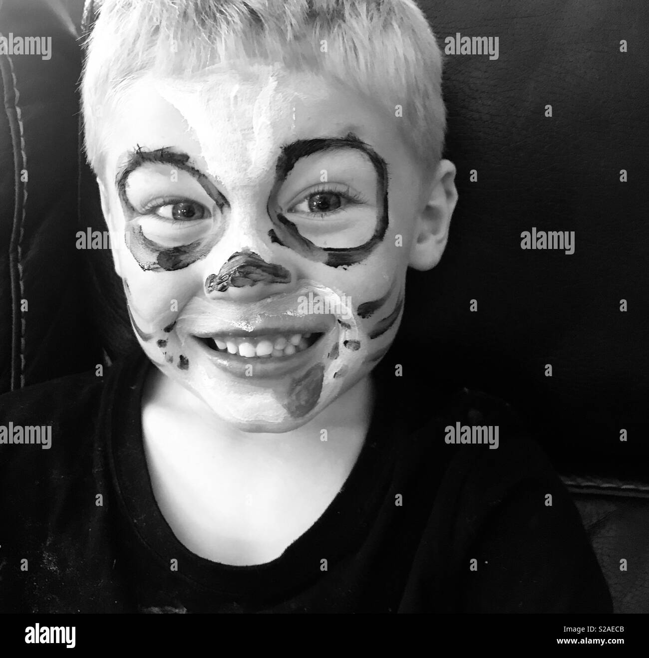 Little boy with a painted face -using face paint to make himself look like a little puppy Stock Photo