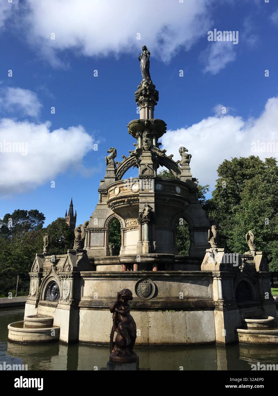 Stewart fountain Kelvingrove Park Glasgow University tower in