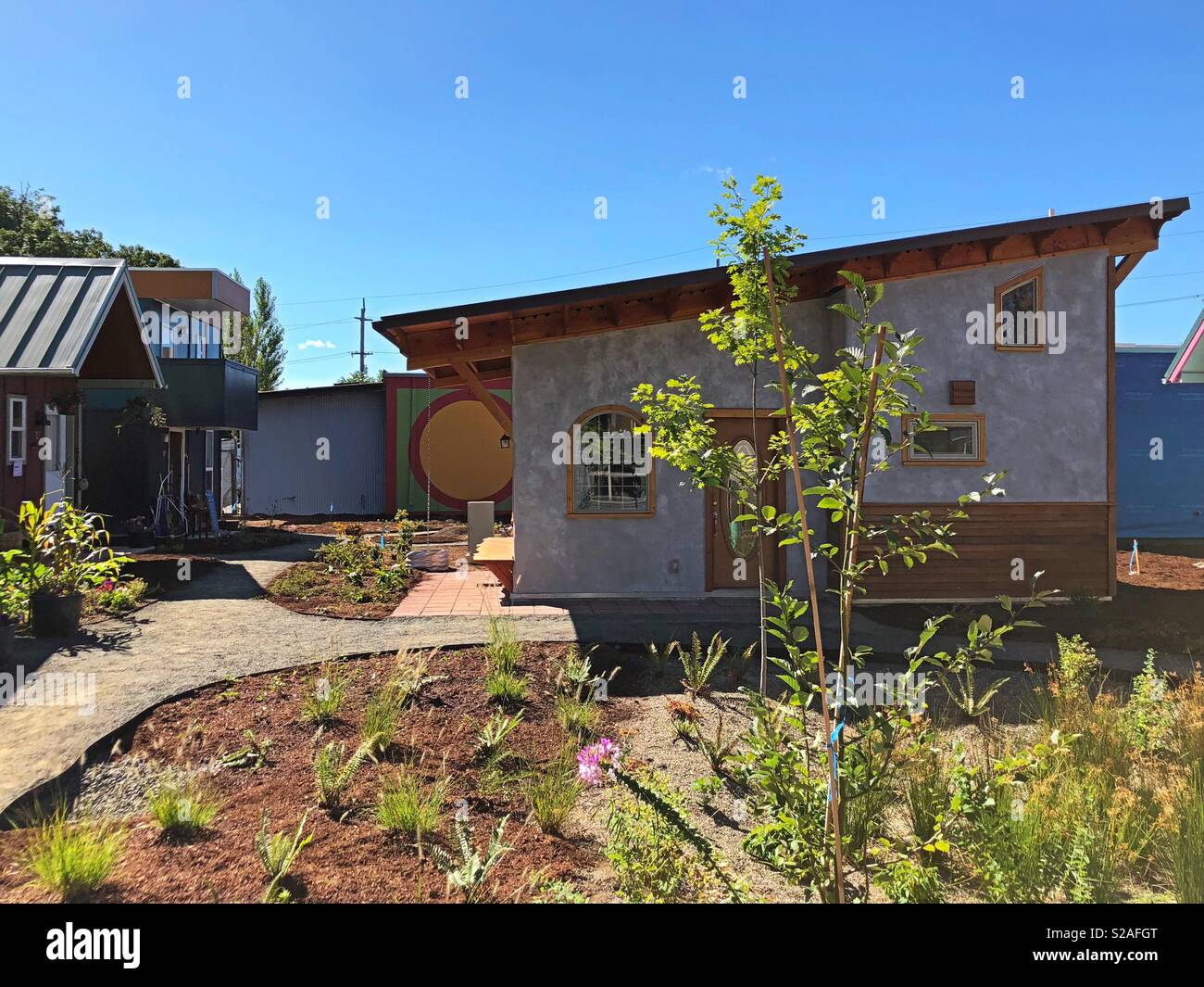 Emerald Village tiny house community in Eugene, Oregon, USA. Stock Photo
