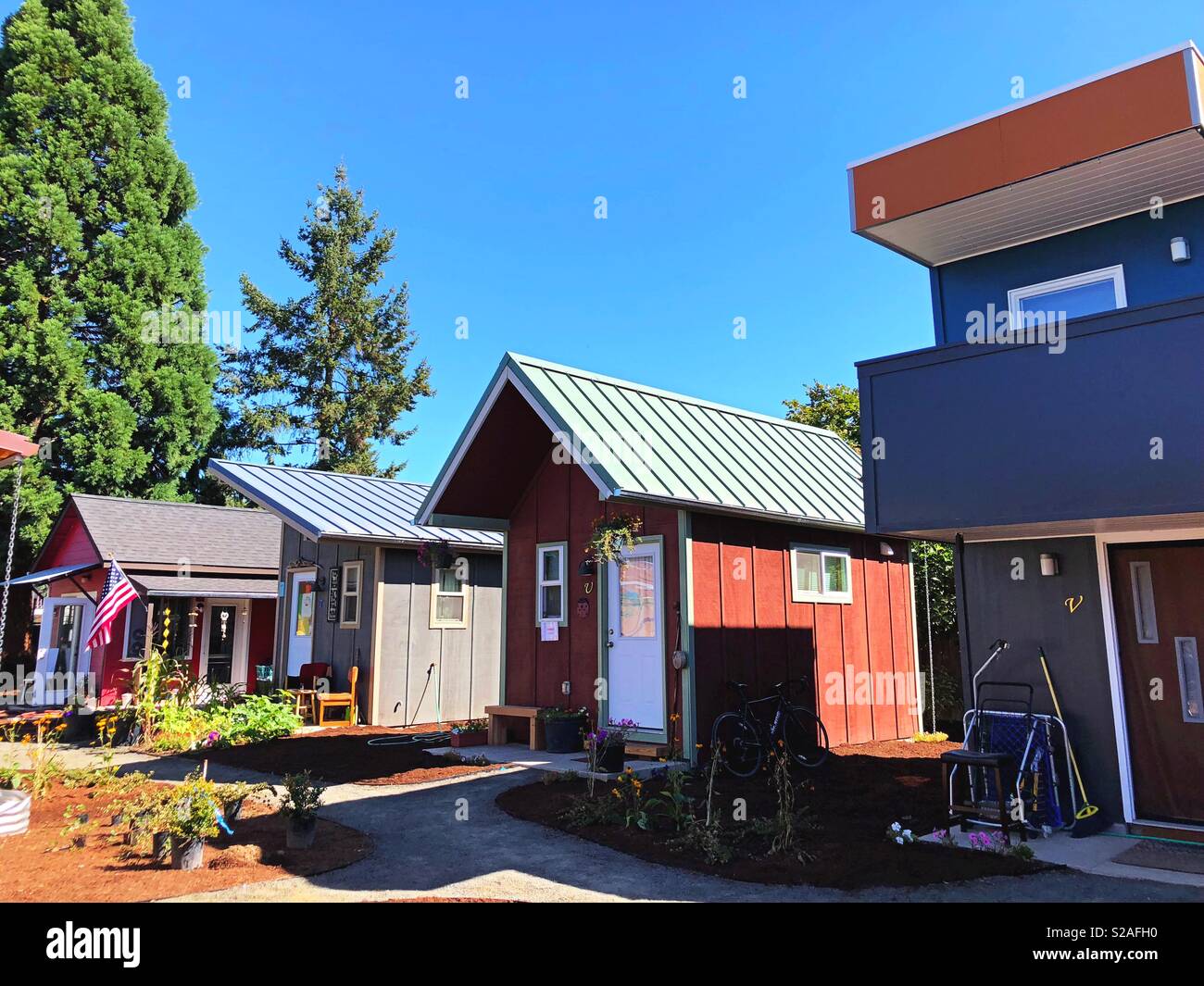 Emerald village tiny house community in Eugene, Oregon, USA. Stock Photo