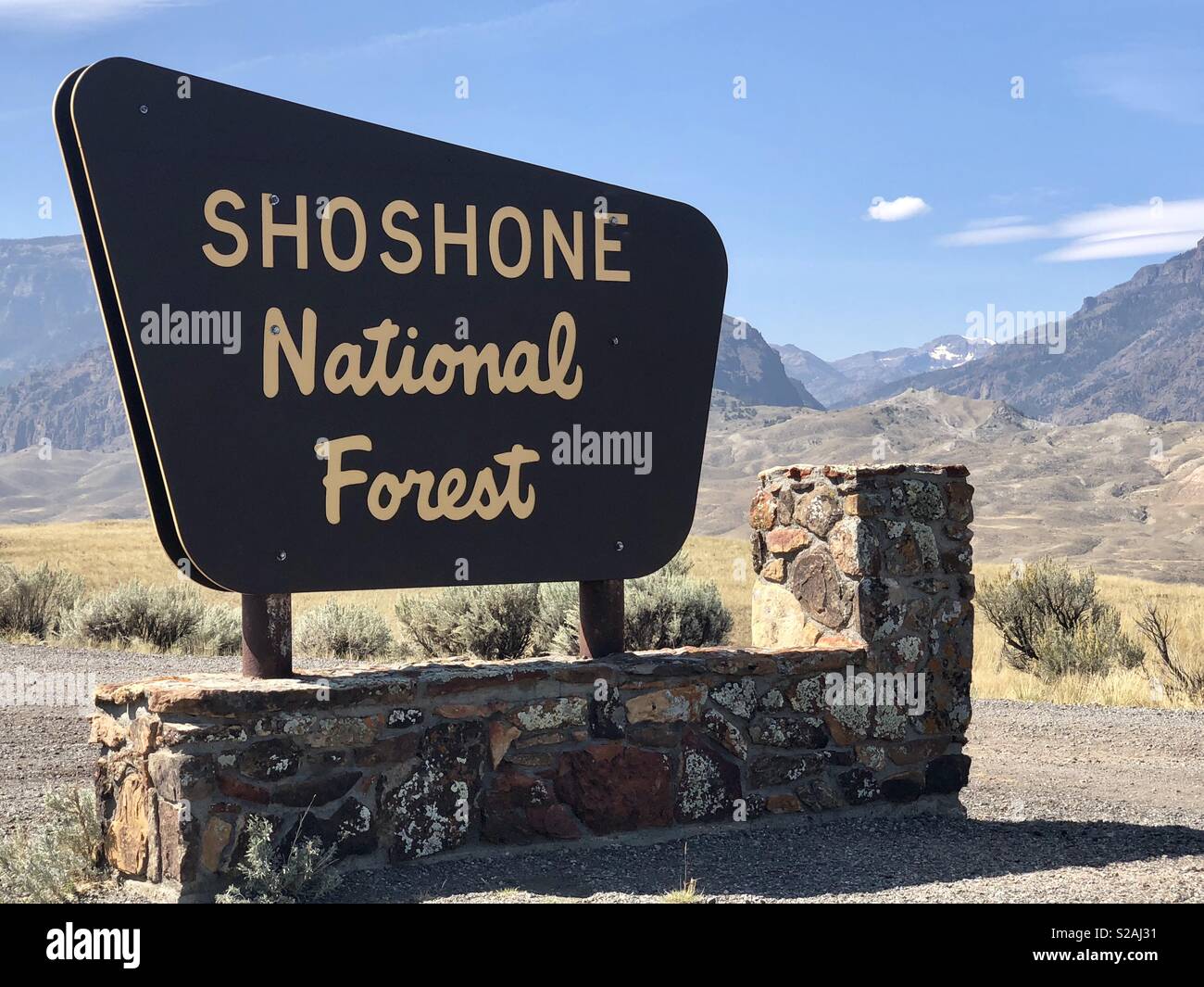Shoshone National Forest Boundary, South Fork of the Shoshone River Near Cody, Wyoming. Entering Sign Stock Photo