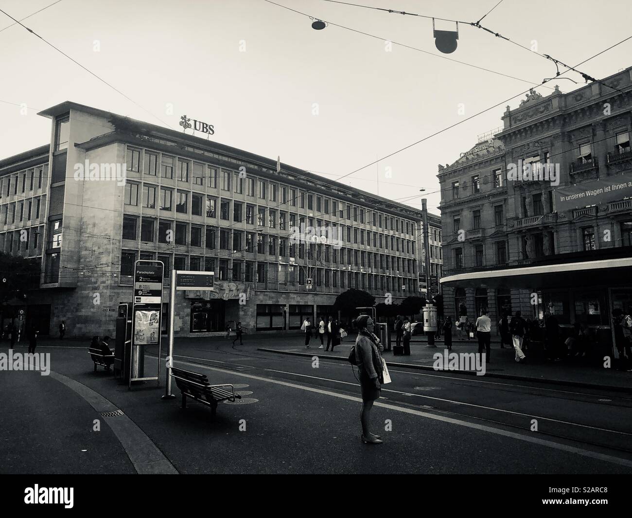 Zurich, Paradeplatz, Buildings of Credit Suisse to the Right and UBS to the Left, Switzerland - Smartphone Captured Stock Image