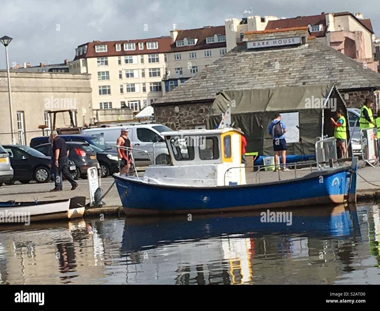 Small blue boat on Bude canal in Cornwall - Smartphone Captured Stock Image