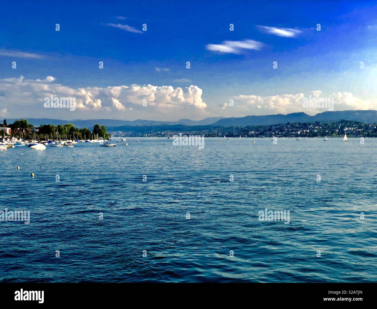 Lake Zürich, Seen from Quai Bridge, Bürkliplatz Platz Square, Switzerland, Europe - Smartphone Captured Stock Image