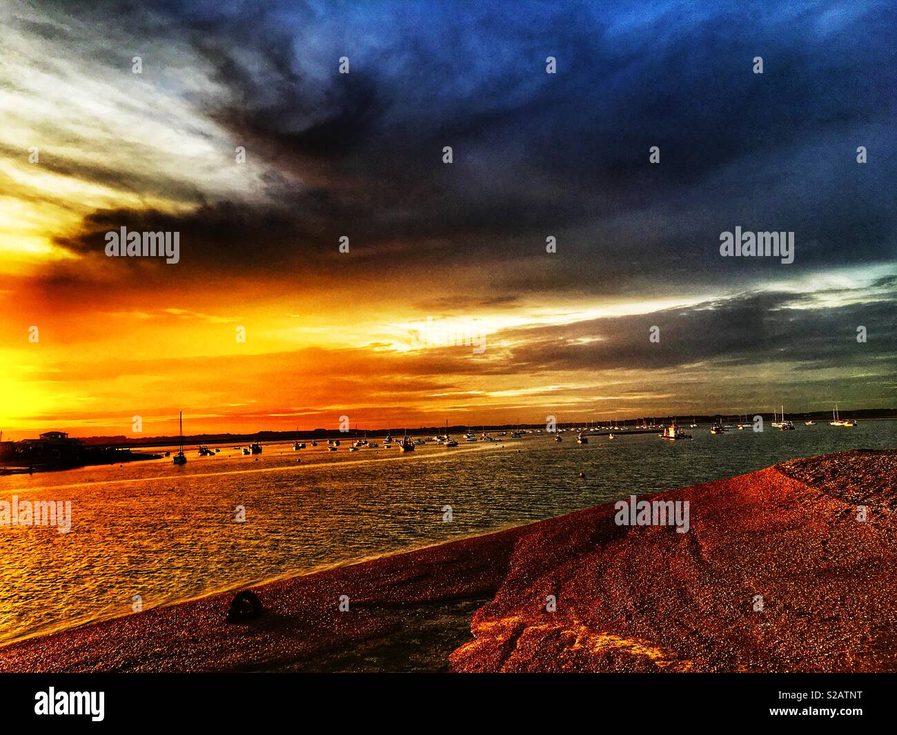 Sunset over the river Deben, Bawdsey Ferry, Suffolk, England. - Smartphone Captured Stock Image