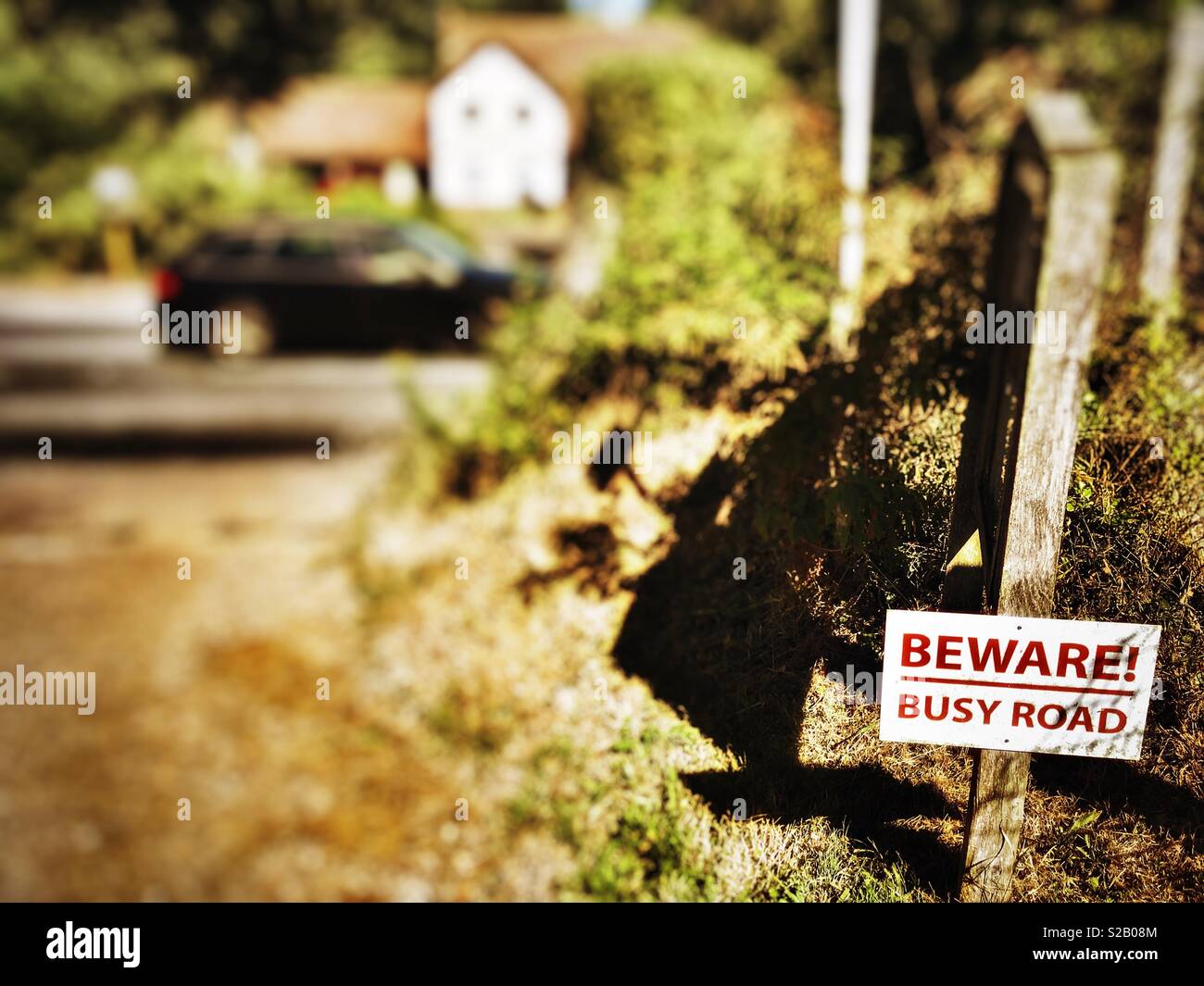 Beware busy road sign, Parham, Suffolk, UK. - Smartphone Captured Stock Image