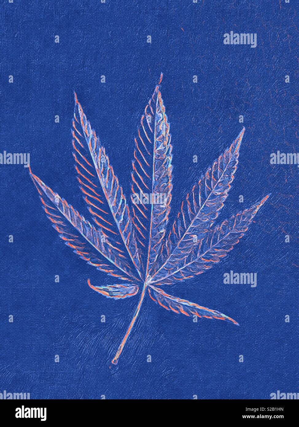 Marijuana leaf in brush strokes. A single leaf on a blue background. Concepts: mood, moody blue, when you are feeling blue. Room for type. Ethereal. Stock Photo