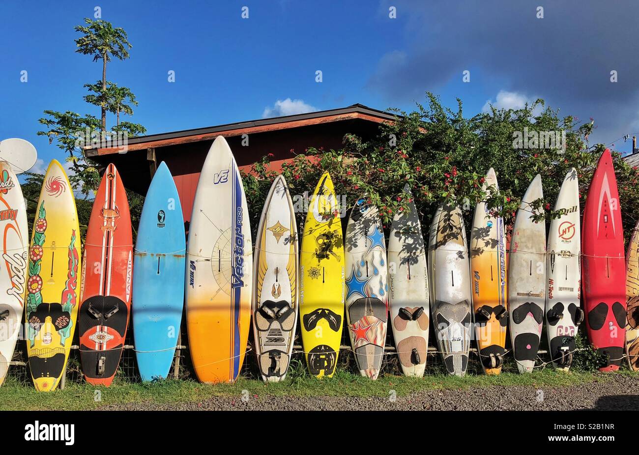 Surfboard fence in Kuau, Maui, Hawaii. Stock Photo