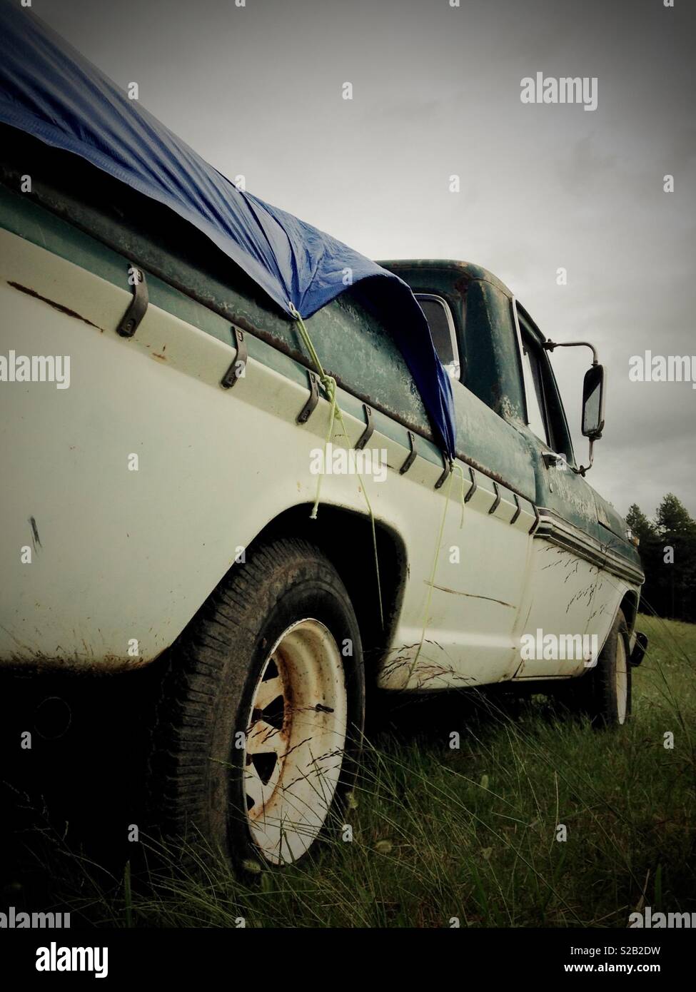 Low angle photo of vintage pickup in field with overcast sky - Smartphone Captured Stock Image