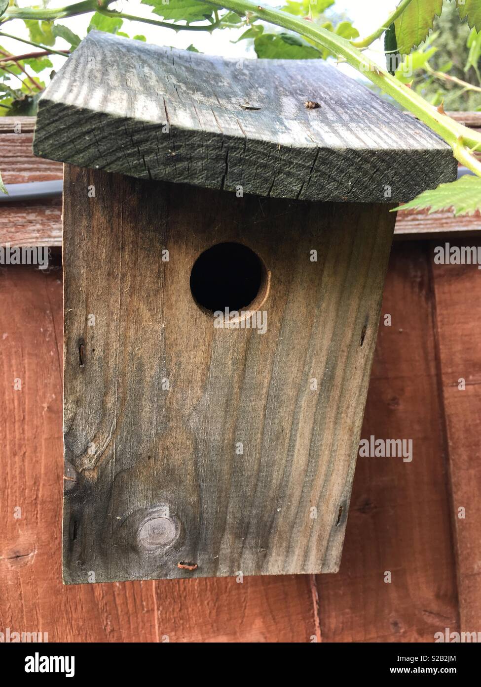 Wooden birdhouse on garden fence Stock Photo