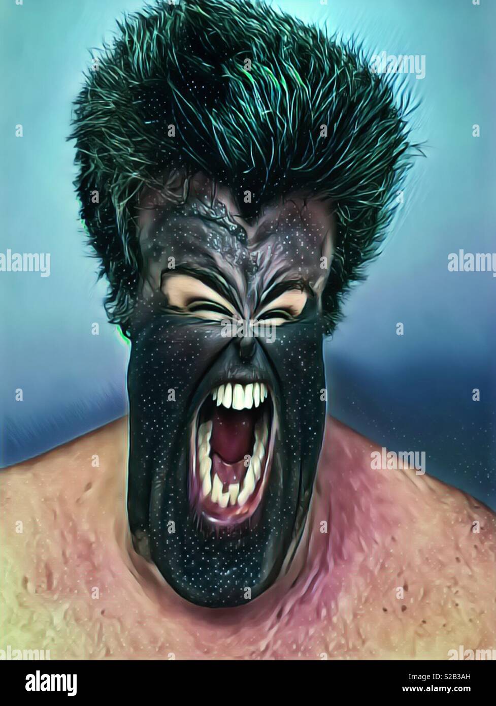 An abstract phone created caricature of a woman wearing a black mud mask screaming loudly with an open mouth Stock Photo