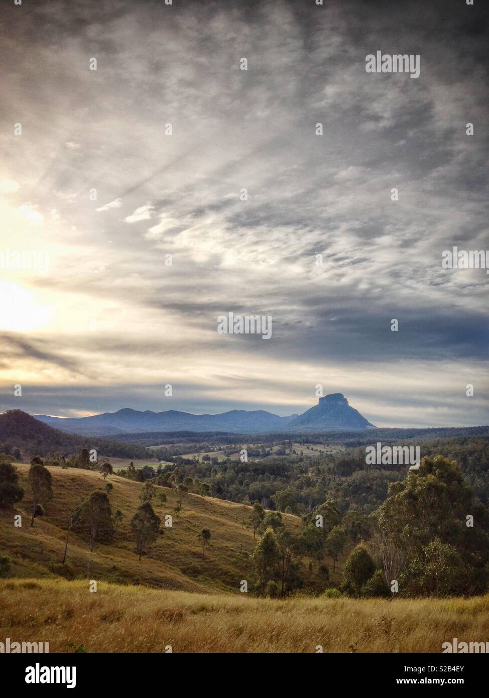 Mount Lindesay, located on the border between New South Wales and Queensland, Australia, viewed across cleared cattle grazing country - Smartphone Captured Stock Image