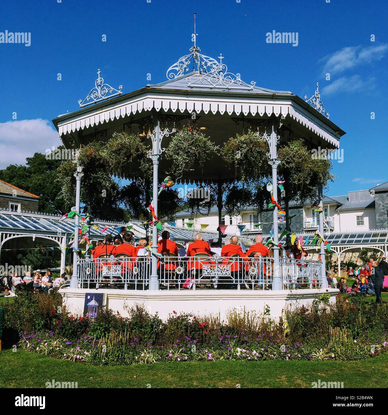 A brass band playing on the Victorian bandstand at princess pavilion, Falmouth Cornwall Stock
