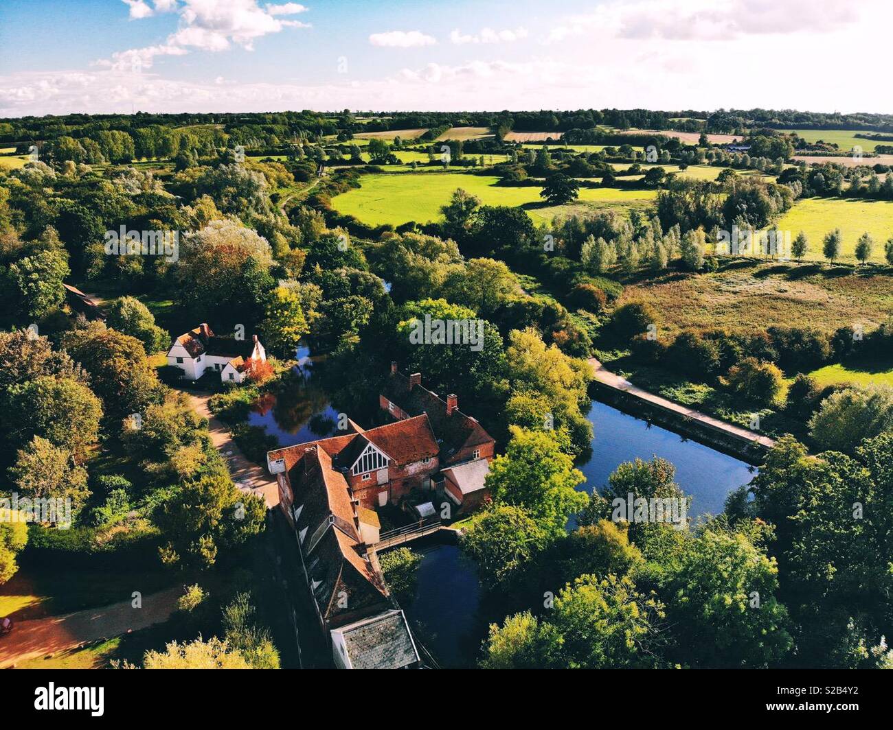Flatford and surrounding countryside by drone last afternoon - Smartphone Captured Stock Image