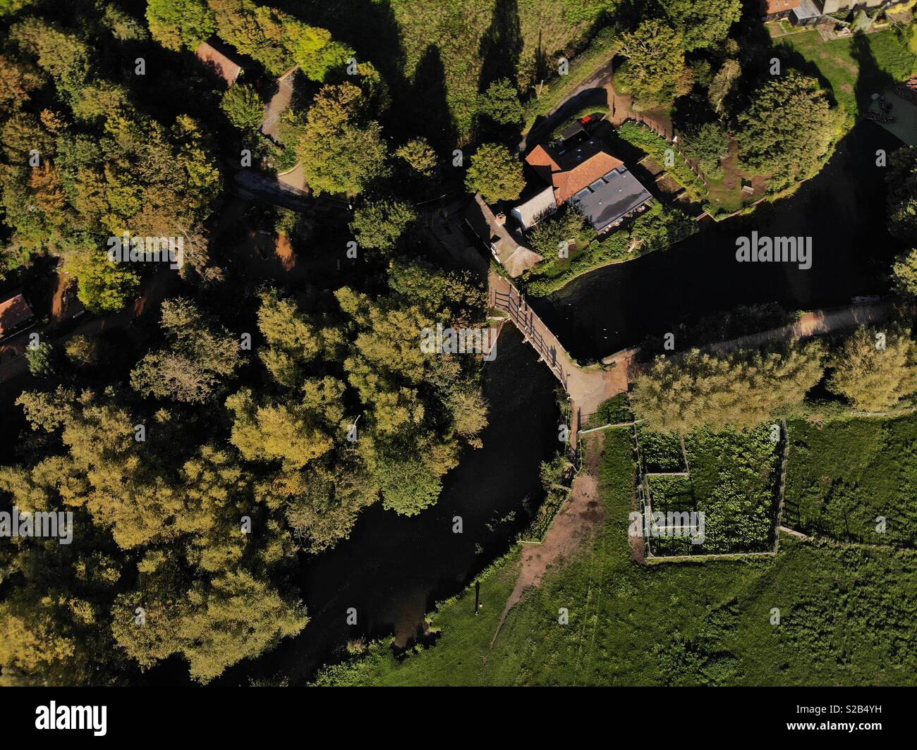 Flatford bridge from overhead by drone, Suffolk, U.K. with the River Stour - Smartphone Captured Stock Image