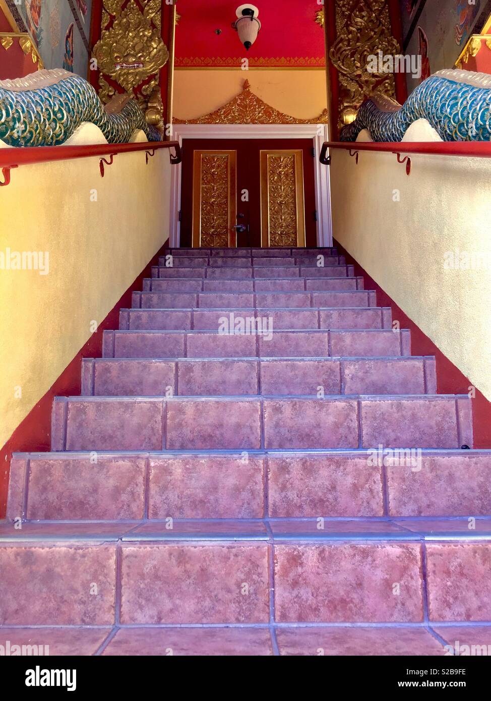 Stairs to a Thai Buddhist Temple in Berkeley, California, USA. Stock Photo