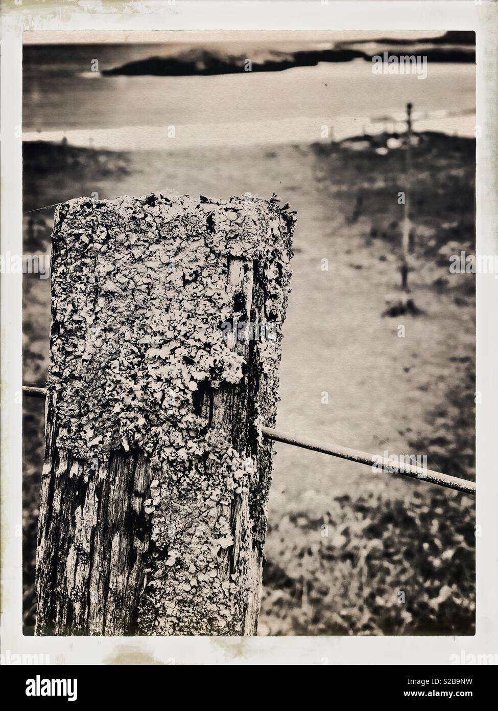 Weathered fence post looking on to island in small Western Isles Bay in Scotland in September - Smartphone Captured Stock Image