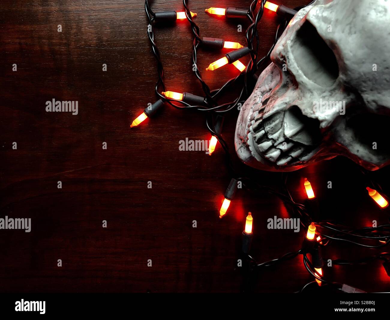 Halloween decor on a dark wood table Stock Photo