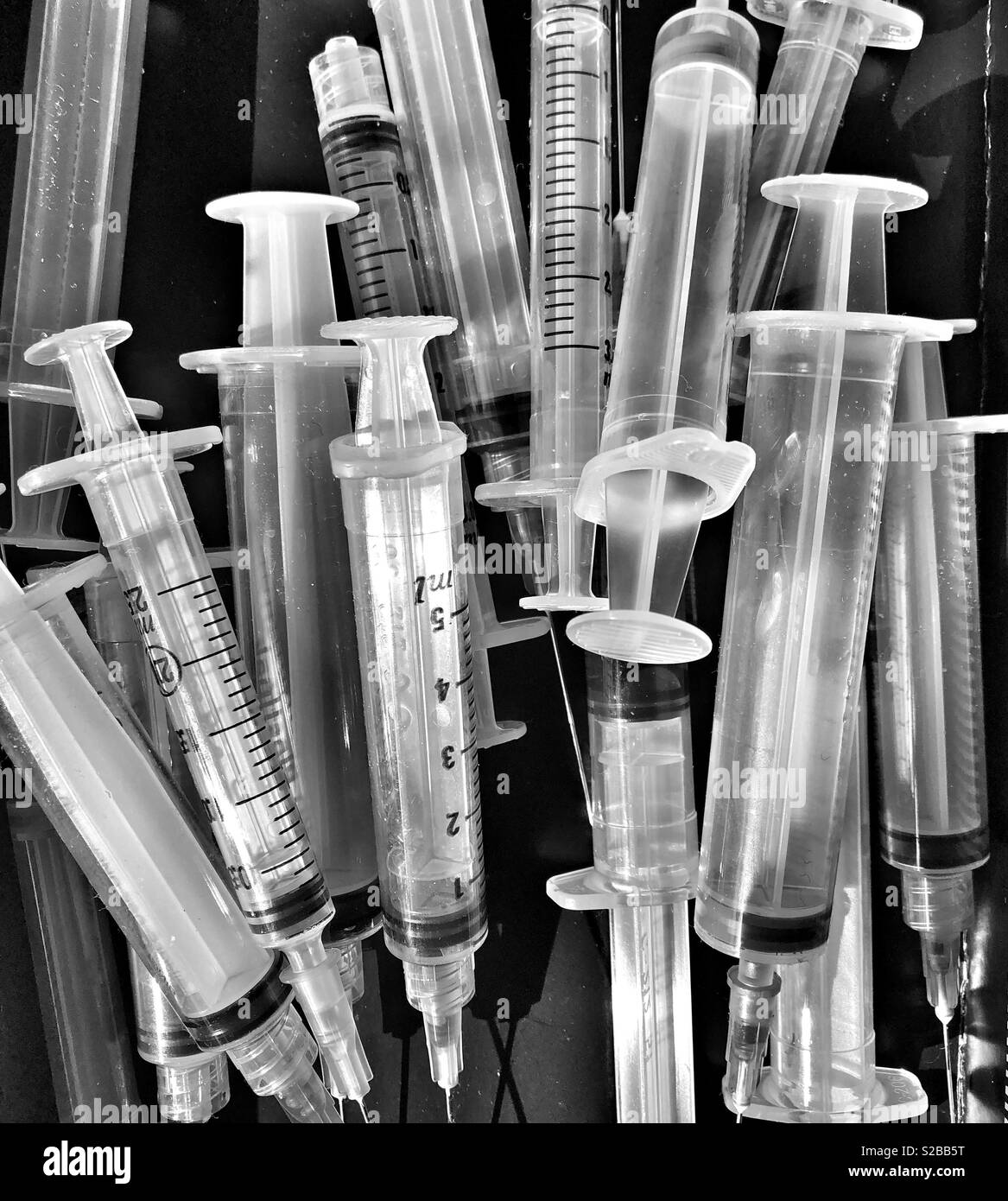 Black and white HD filter used syringes Stock Photo