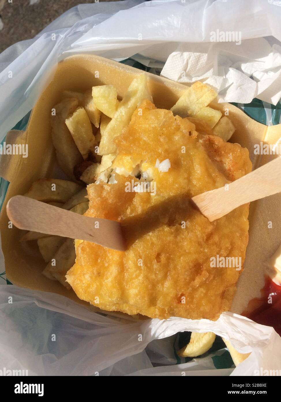 Fish and chips with ketchup Stock Photo