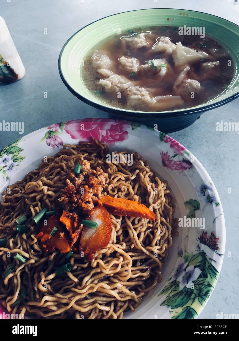 Kampua noodle and wantan soup for breakfast in bintulu,Malaysia Stock