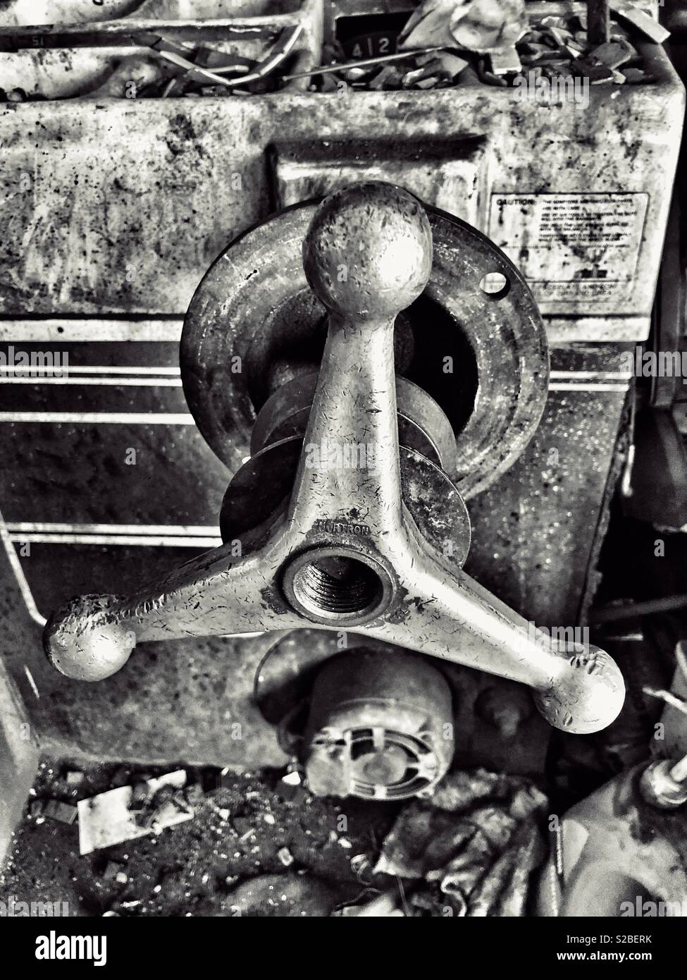 Wheel balance machine in a garage workshop environment. Stock Photo