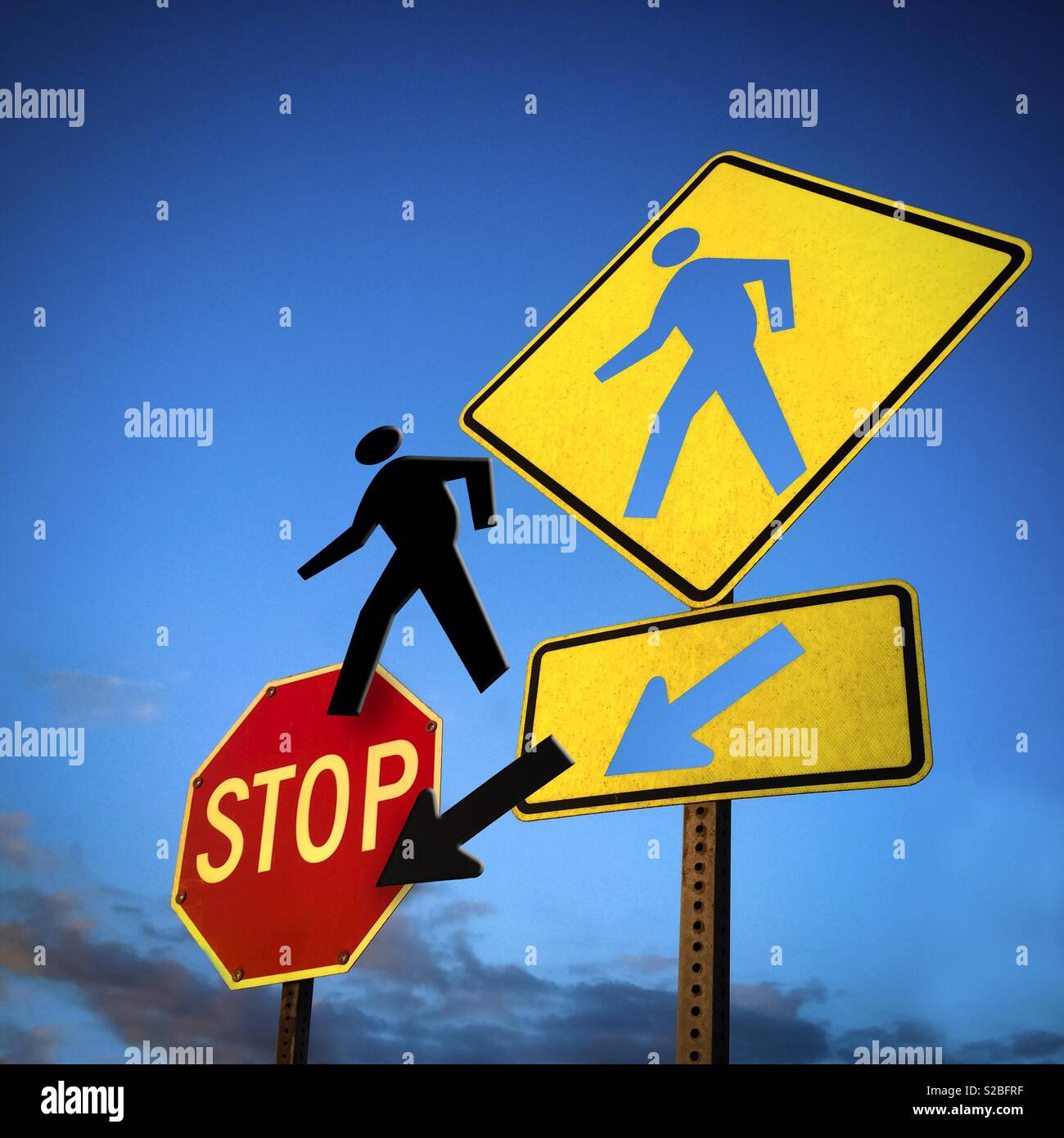 Beware of pedestrian conceptual.  Pedestrian and arrow hole. - Smartphone Captured Stock Image