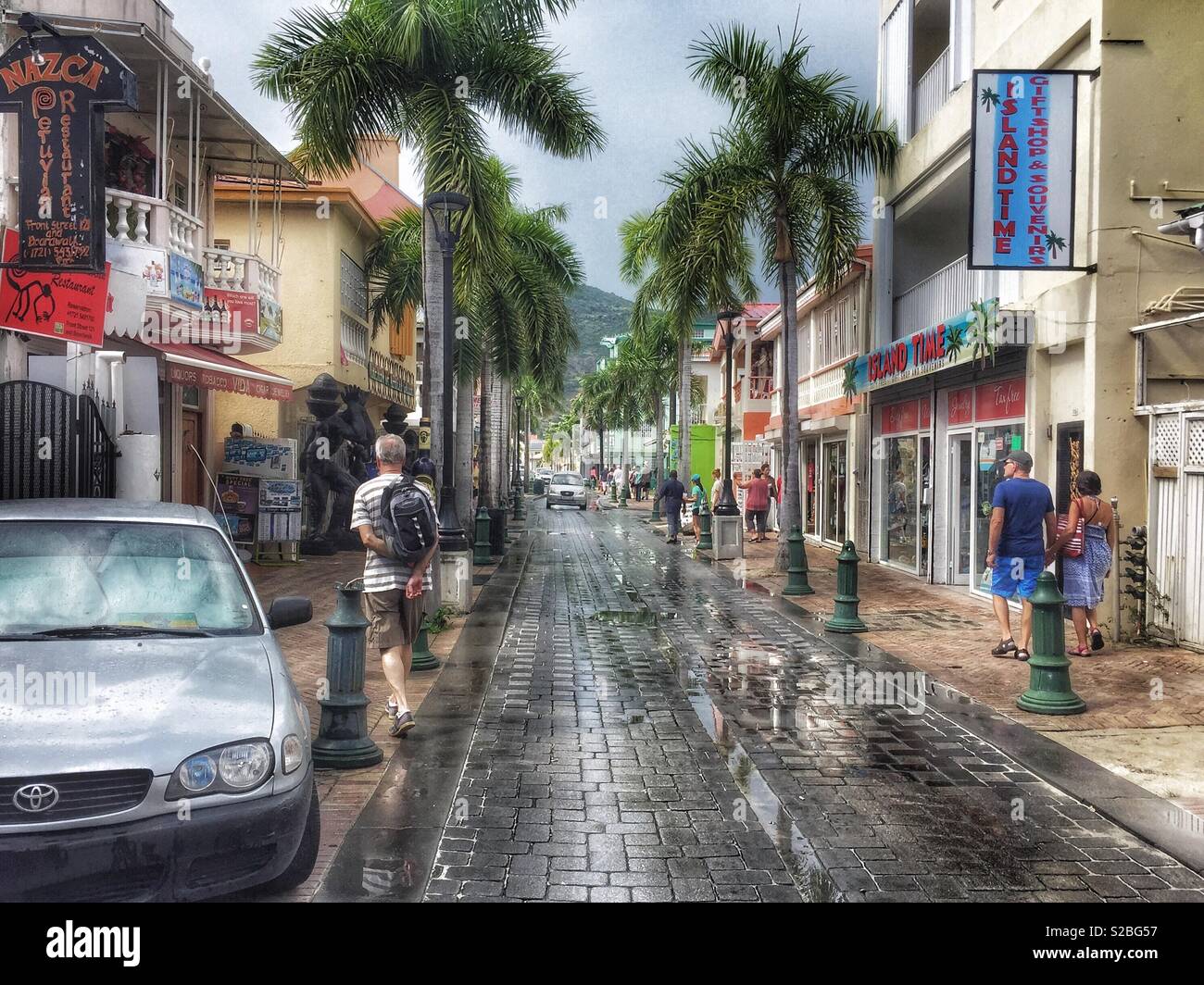 A Walk down the Main Street of Philipsburg on the Caribbean Island Sint Maarten after a very heavy downpour. Taken a few months before the devastating Hurricane. Stock Photo