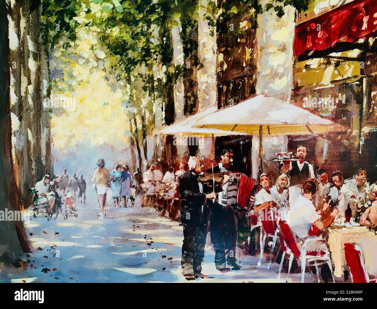 Sidewalk cafe with accordion players - Smartphone Captured Stock Image