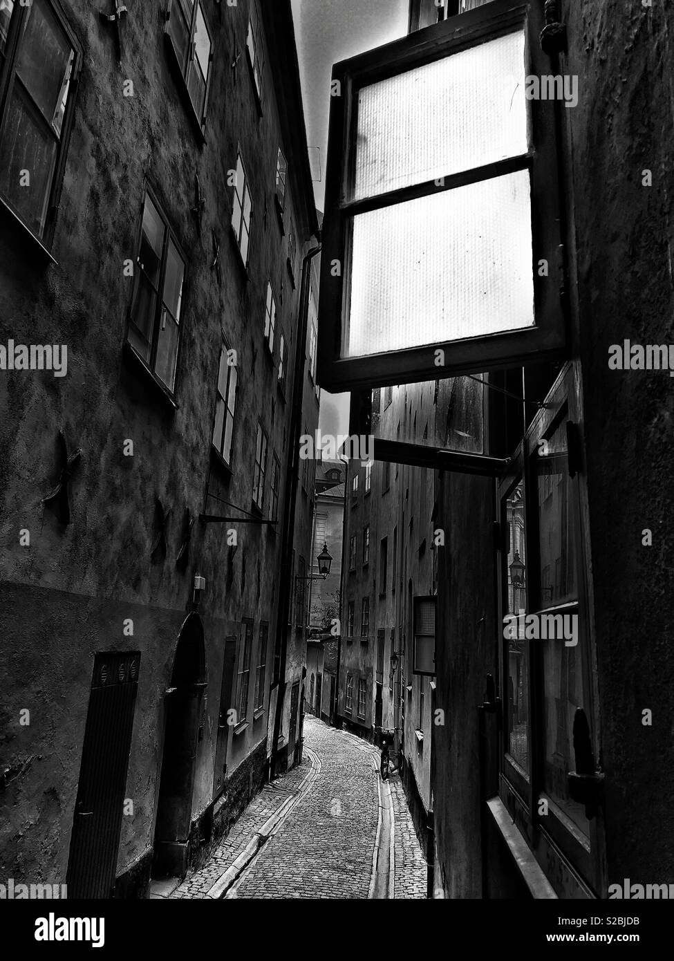 Open window in alleyway, Gamla Stan, Stockholm, Sweden - Smartphone Captured Stock Image