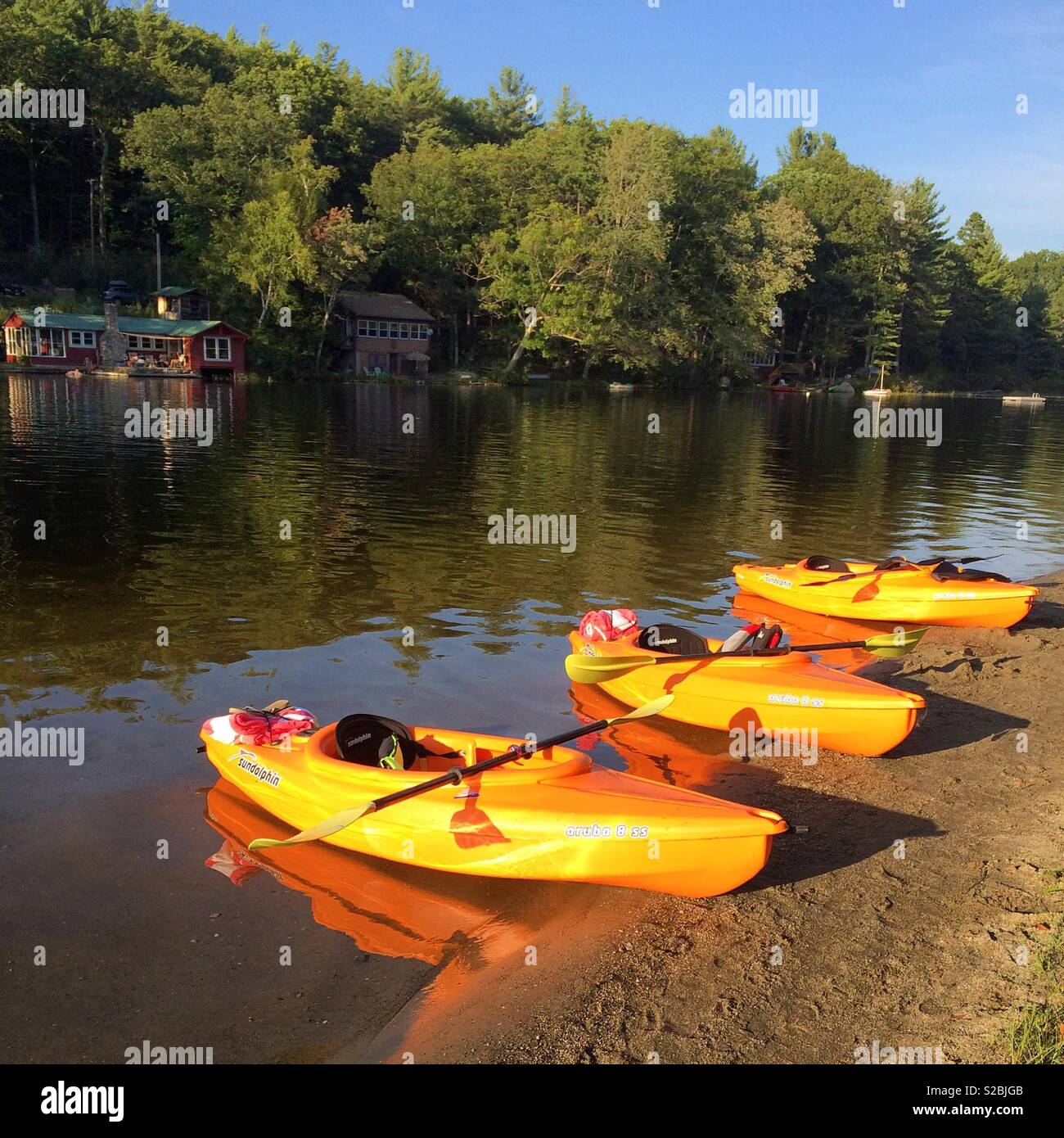 Kayaks, Laurel Lake, Erving State Forest, Massachusetts, United States Stock Photo