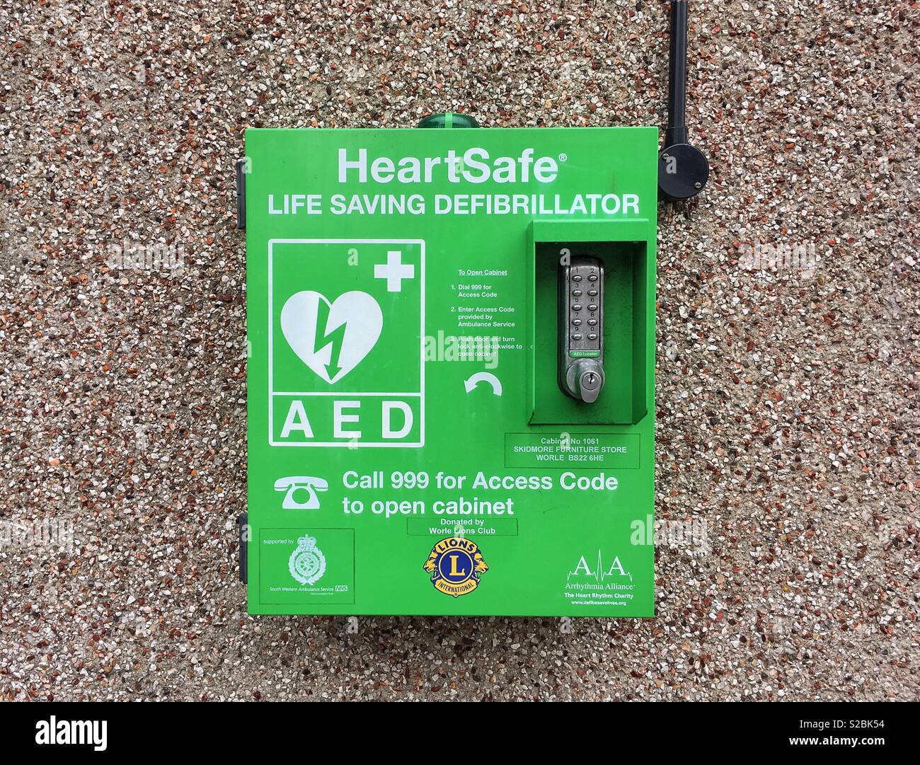 A defibrillator available for public use in Worle, Weston-super-Mare, UK - Smartphone Captured Stock Image