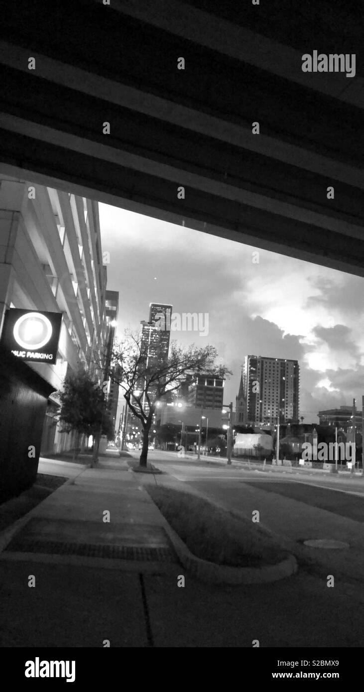 Houston Downtown’s Cityscape Lights At Night In Black & White Stock