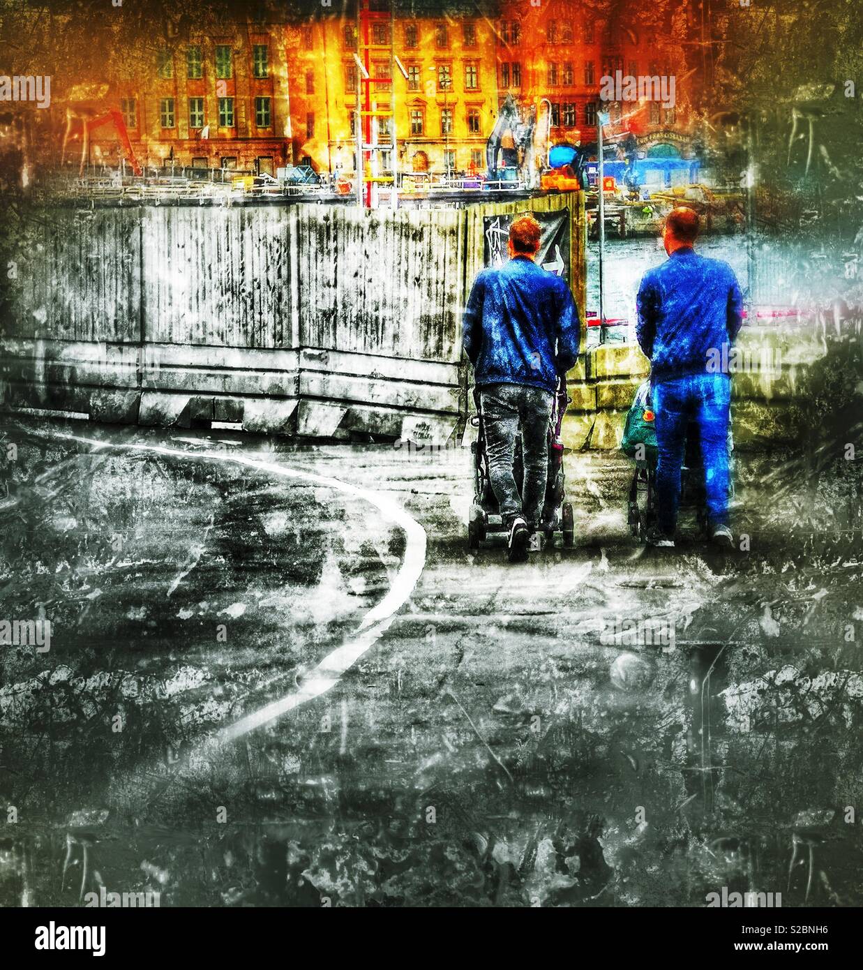 Two fathers walking with pushchairs, Stockholm, Sweden - Smartphone Captured Stock Image